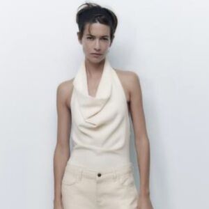 ZARA HALTER NECK BODYSUIT BEIGE 2157/256/710 XS COWLNECK OFF WHITE ECRU TOP